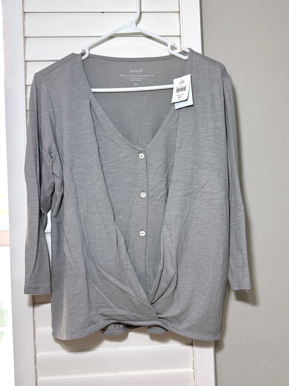 Pure Jill J. Jill Cotton Cross Front Shirt Size S Petite Pearl Gray Blouse New